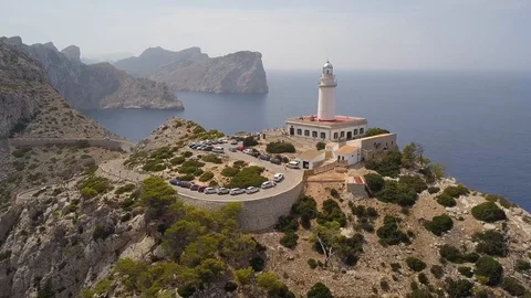 Aerial - Flyby lighthouse on high cliffs - Mallorca - Spain Video stock 96023506