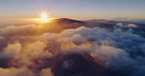 Aerial: flying above the clouds at sunset in Silicon Valley, California, USA Stock-Footage 80296061