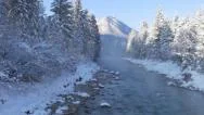 Aerial: Flying Above The Misty River In Winter Morning Stock Footage