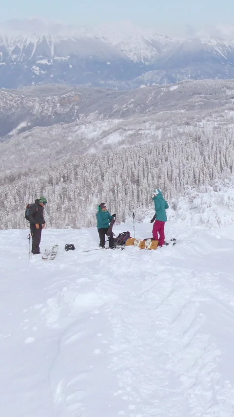 AERIAL: Flying around three split boarders getting ready to ride the fresh snow Stock Footage 318044301