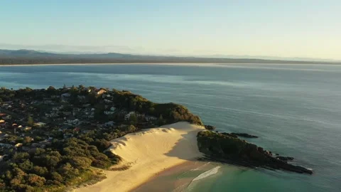 Aerial flying back from Bennetts head in Forster town one Mile beach 4k. Stock Footage 201584816