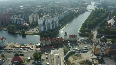 Aerial flying back close clock face brick Cathedral Kaliningrad, best Russia. Ce 스톡 동영상 223153895