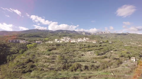 Aerial flying backwards over olive trees with Benimantell in background - Spain Stock Footage 59908818