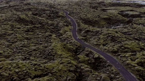 Aerial flying close over moss covered lava rocks in Iceland Stock Footage 234591463