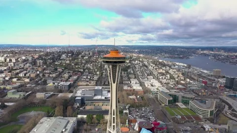 Aerial flying down from Seattle Space Needle. Seattle, Washington - January Видео 238711215