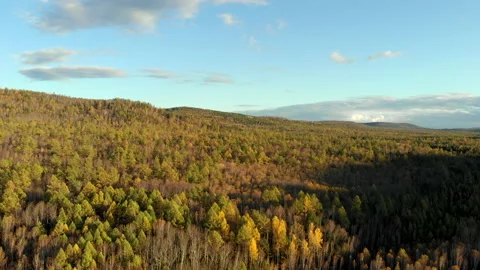 Aerial flying from drone over a river, fall forest, hill and asphalt road. Stock Footage 140633987