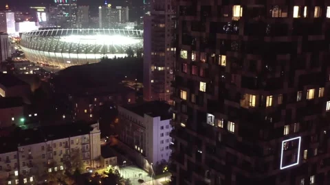 Aerial flying drone view of night Kiev city center. Night city Kyiv. Stock Footage 247643776