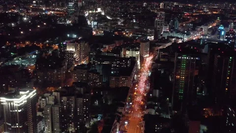 Aerial flying drone view of night Kiev city center. Night city Kyiv.  Stock Footage 248538623