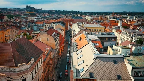 Aerial Flying low over Old Town area with Prague Castle in background in Prague Stock Footage 103222823