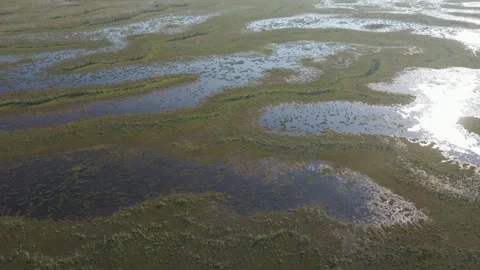 Aerial flying over and looking down onto an arctic flooded floating marsh sun Stock Footage 291708011