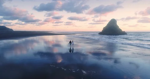 Aerial Flying Over Beach And Waves At Karekare, Auckland, New Zealand Vidéo 86973796