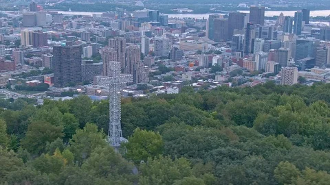 Aerial: Flying Over The Cross Structure And Montreal City Skyline. Quebec, Stock Footage 122114161