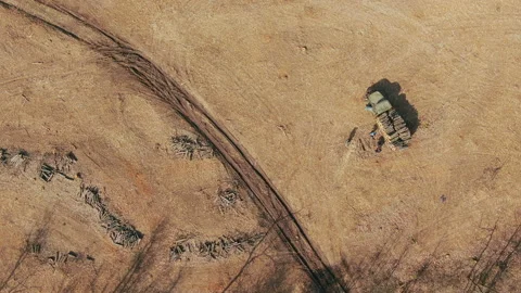 Aerial flying over a deforestation forest trees. Logging truck in the forest Stock Footage 133088971