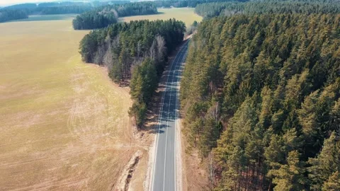 Aerial flying over empty asphalt curved highway rural field and green forest Video stock 303153090