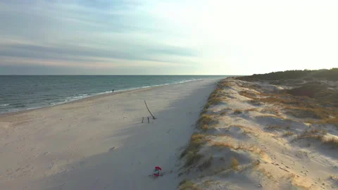 Aerial flying over empty wide white beach in southern Sweden Stock Footage 152950490
