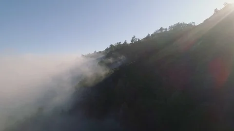 Aerial flying over a misty fog covered forest hills with dazzling sun rays. Video stock 87826053