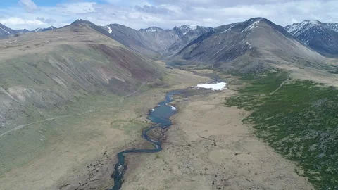 Aerial. Flying over the Mountain Lake. Altai. Siberia. Kindyk Lake Expedition Stock Footage 92575475