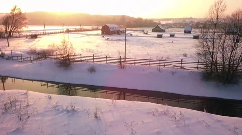 AERIAL: flying over the river in the village Stock-Footage 59607805