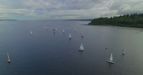 Aerial Flying Over Sailboats on Lake Stock Footage