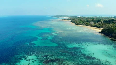Aerial: flying over tropical beach island coral reef turquoise caribbean sea Stock Footage 99190882