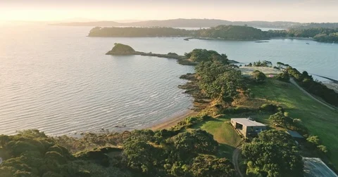 Aerial flying over a vineyard at Te Whau Bay waiheke island, Auckland, New Stock Footage 74233189