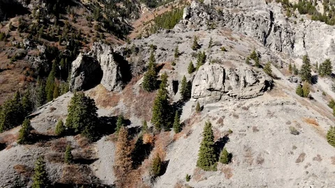 Aerial-Flying up rugged gray cliffs dotted with pine trees reveal valley Video stock 97910576