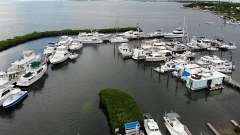 Aerial flying view of marina in the Florida Keys Stock Footage