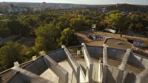 Aerial flyover of abandoned Soviet circus building in Chisinau, Moldova. Stock Footage 71384547