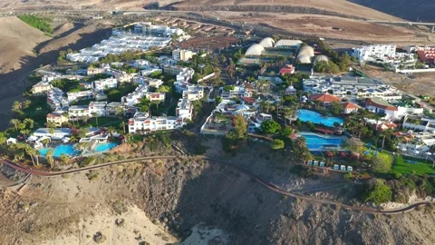 Aerial flyover above Morro Jable - Coast of Fuerteventura Canary Islands Vídeos de archivo 335509285