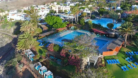 Aerial flyover above Morro Jable - Coast of Fuerteventura Canary Islands Video stock 335509292
