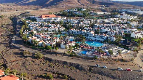Aerial flyover above Morro Jable - Coast of Fuerteventura Canary Islands 스톡 동영상 335509352