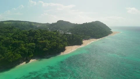 Aerial Flyover Along Puka Shell Beach Boracay with Golden Sand Turquoise Water Stock Footage 335210043
