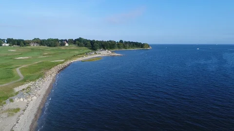 Aerial Flyover of Beach and Golf Course in Fairfield, Connecticut. 4K Stock Footage
