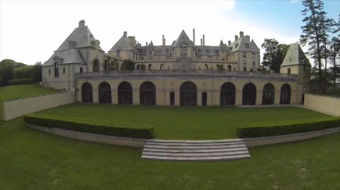 Aerial Flyover of Beautiful Castle Mansion in Long Island, New York Stock Footage