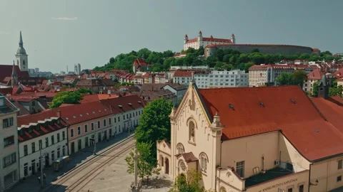 Aerial flyover Bratislava Main square in old town, Slovakia Stockbeeldmateriaal 260500397