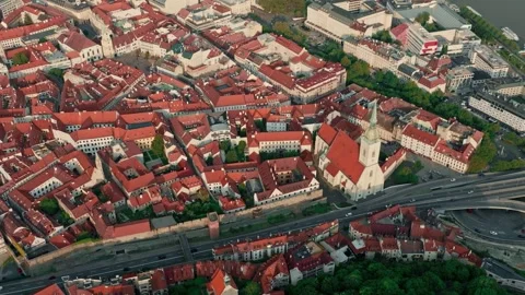 Aerial flyover Bratislava Main square in old town, Slovakia Stock Footage 260506598