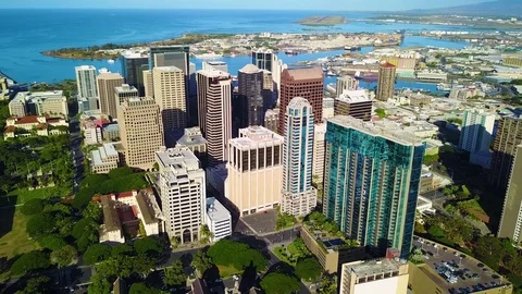 Aerial: Flyover Buildings in Downtown Honolulu, Hawaii Stock Footage