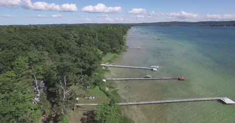 Aerial Flyover of Docks in a Lake Stock Footage