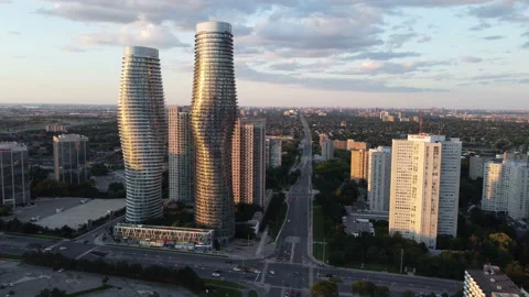 Aerial Flyover Downtown Mississauga City Burnhamthorpe Buildings Stock Footage