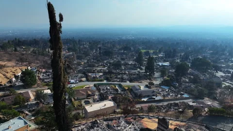 Aerial flyover fire damage in the Altadena suburbs, sunny day in California, USA Stock Footage 302546112