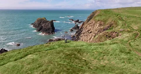 Aerial flyover of man on windy grassy headland overlooking ocean rocky coast Stock Footage 314062129