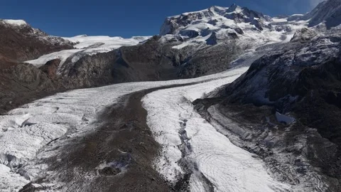 Aerial flyover over the Gorner glacier in Zermatt, Switzerland with a pan down Stock Footage 334641417