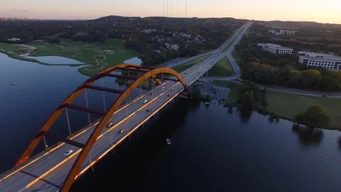Aerial Flyover of the Pennybacker 360 Bridge in Austin, TX Stock Footage