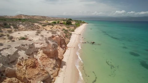Aerial Flyover Pristine Playa La Paria Beach Araya Venezuela Coast Stock-Footage 327328924