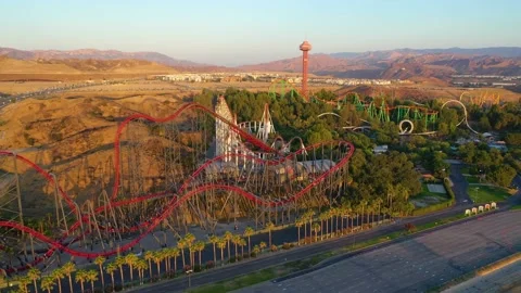 Aerial flyover of Six Flags Magic Stock Video Pond5