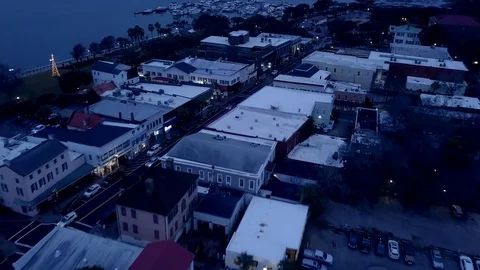 Aerial flyover of small town of Beaufort, South Carolina at night Stock Footage 123777800