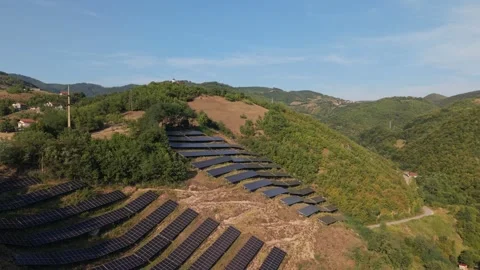 Aerial Flyover of Solar Panel Farm on Hillside Near Zenica Stock-Footage 342940353