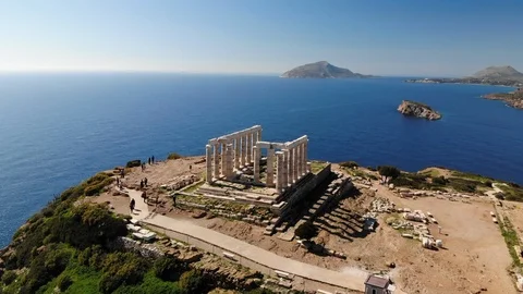 Aerial Flyover of Temple of Poseidon, Greece Stock Footage