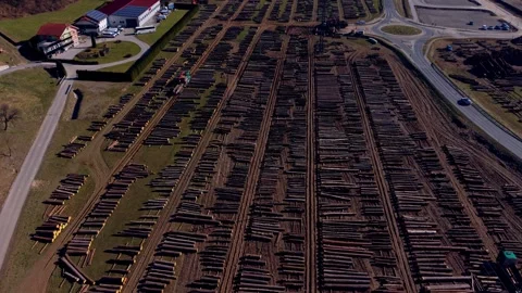 Aerial flyover of timber log yard Stock Footage 330045154