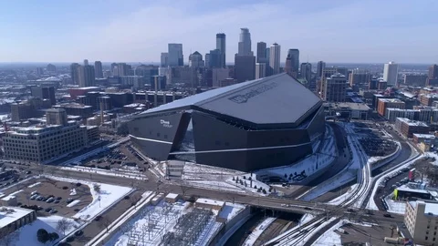 Aerial Flyover US Bank Stadium in Winter, Minneapolis, MN Stock Footage